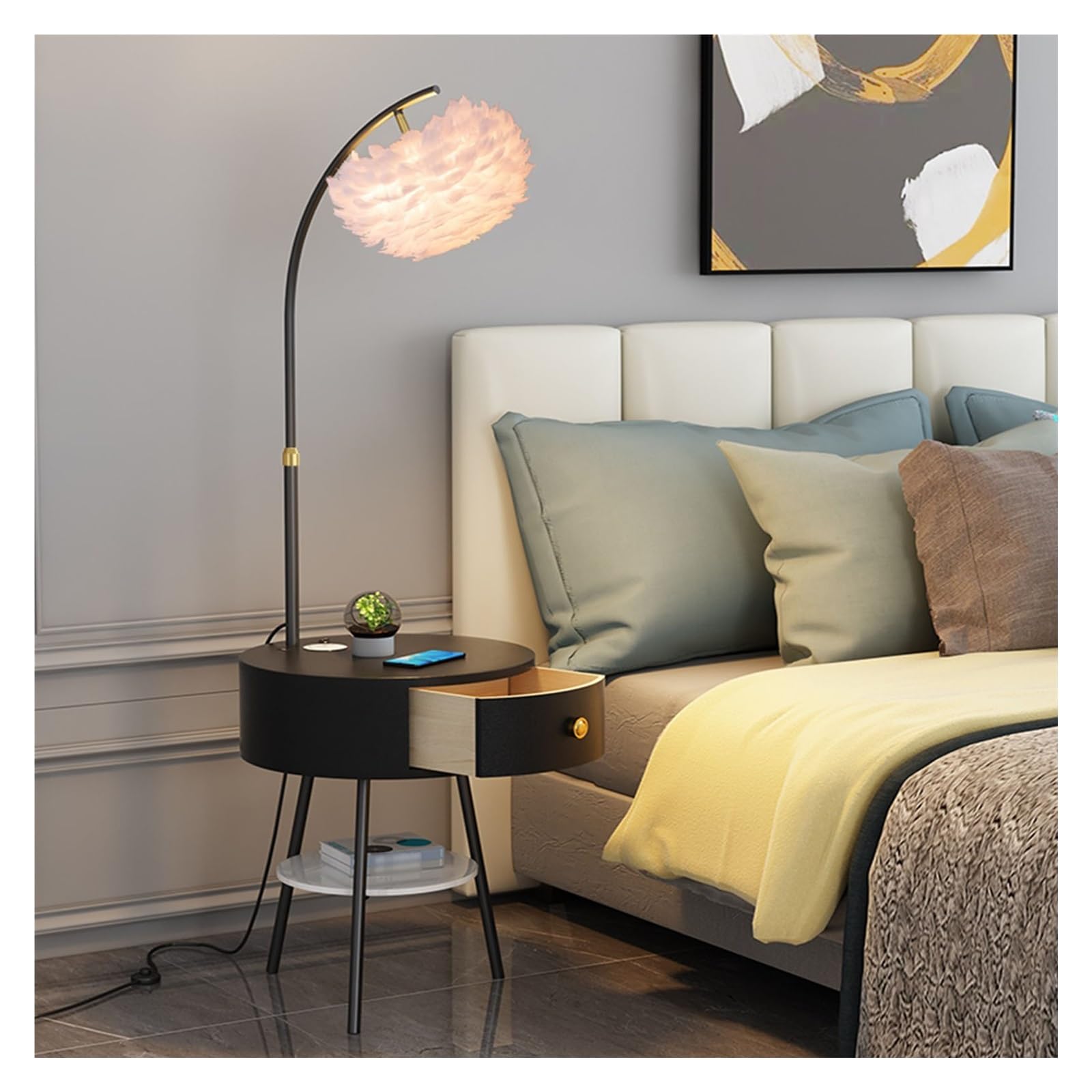 LJHFG63KUYT Standing Lamps Farmhouse Narrow Nightstand Floor Lamp, Wooden End Side Table Adjustable Reading Lamps Decorate(Black)