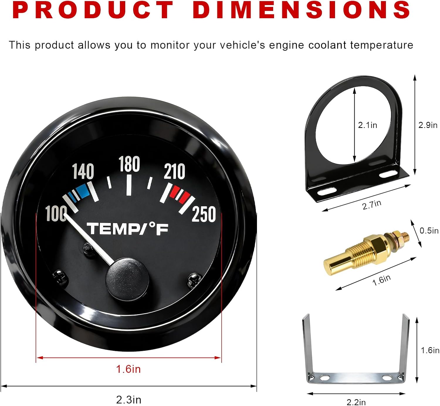 Water Temp Gauge, 2.3" 57mm 100-250℉ Automotive Water Temp Thermometer with LED Backlight, DC 12V Coolant Temperature Gauge Kit with Sensor for Cars Trucks Marine Boats