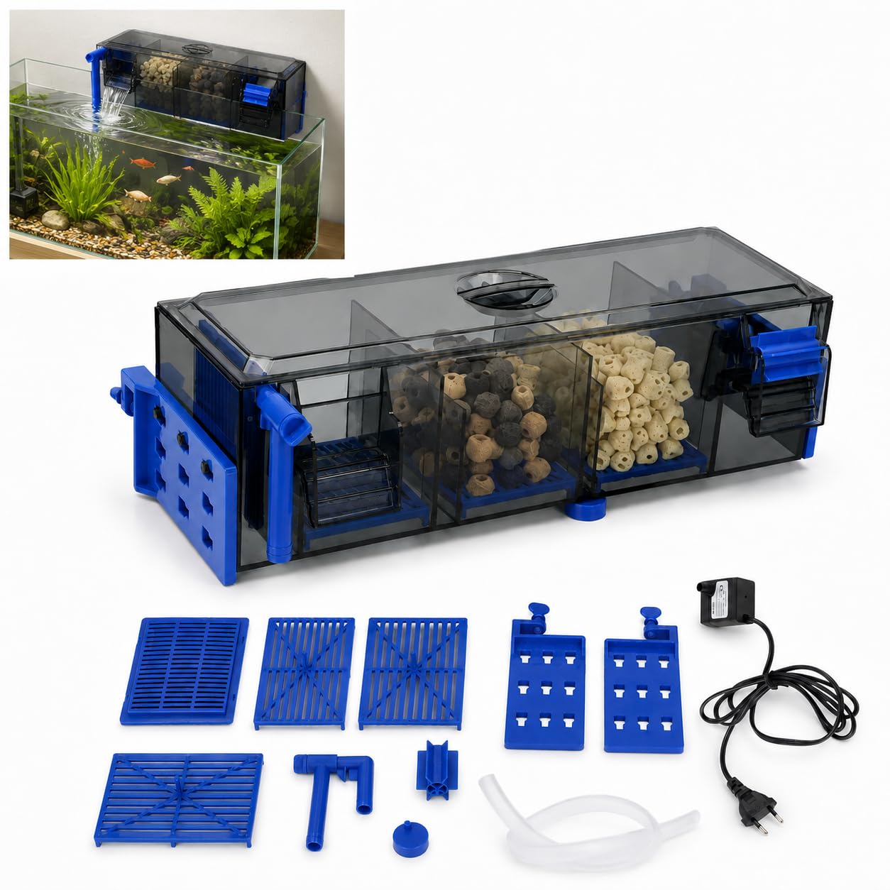 Hang on Filtre Aquarium 30 DB Silencieux Fish Tank Filter pour Aquarium Filtration en Quatre Étapes Suspension Double Face pour Filtration de Bac