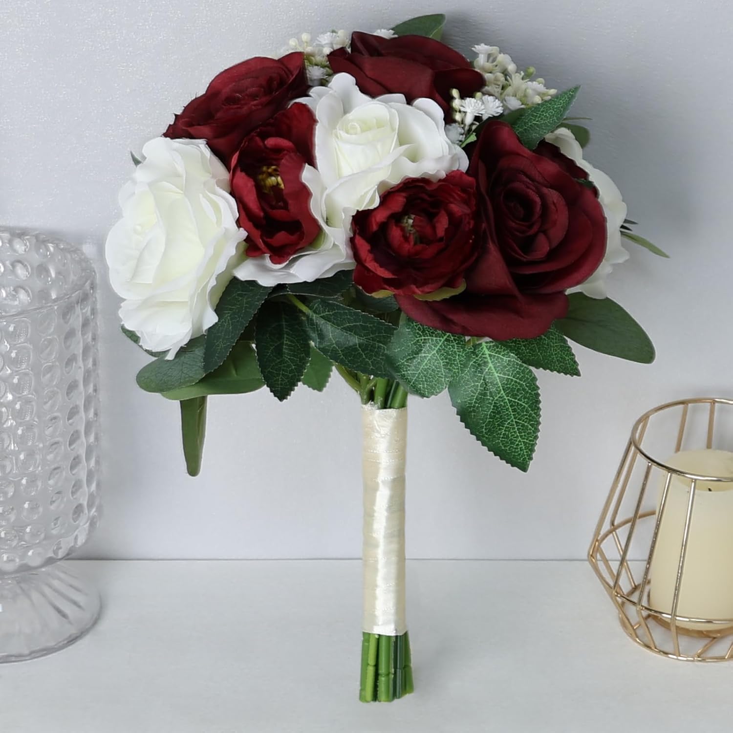 Set of 4 Bridesmaid Bouquets, 11 Inch Wedding Bouquets for Bridesmaids Artificial Flower Bouquets for Wedding Ceremony Bridal Shower Decorations - Burgundy & White - Image 4