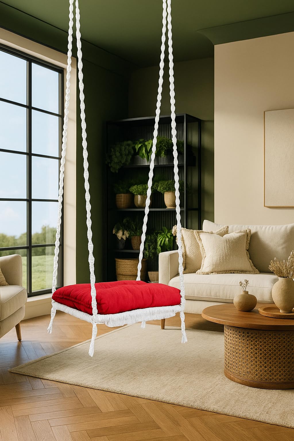 Cotton Swing/Jhula For Indoor Room/Swing For Adult/Swing For Living Room For Balcony,Outdoor/Swing Chair With Cushion & Hanging Kit/Hanging Hammock Swing (White) - 20 X 20 X 4 Cm-image-27