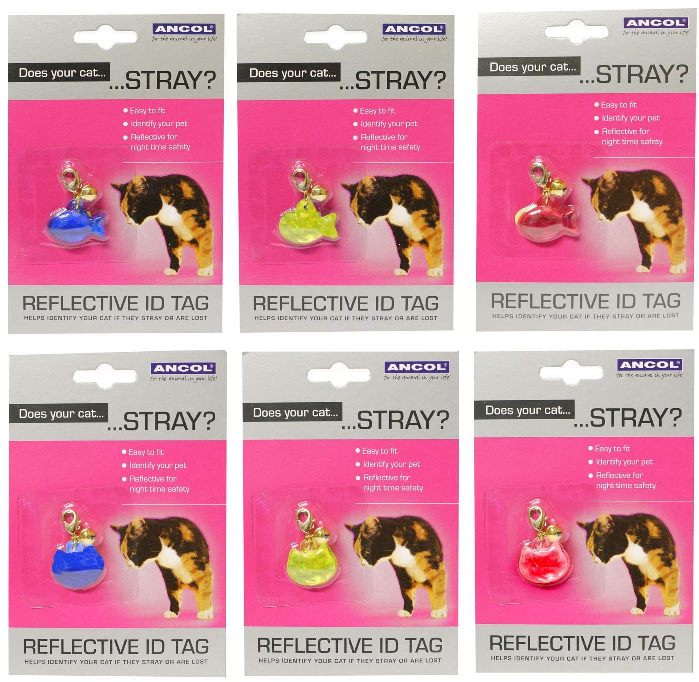 Ancol Cat Reflective ID Tag - Assorted Colours & Designs - Fish Shaped Reflective Identity Tag for Easy Identification - Fun & Functional for Cats - Random Colour Selection