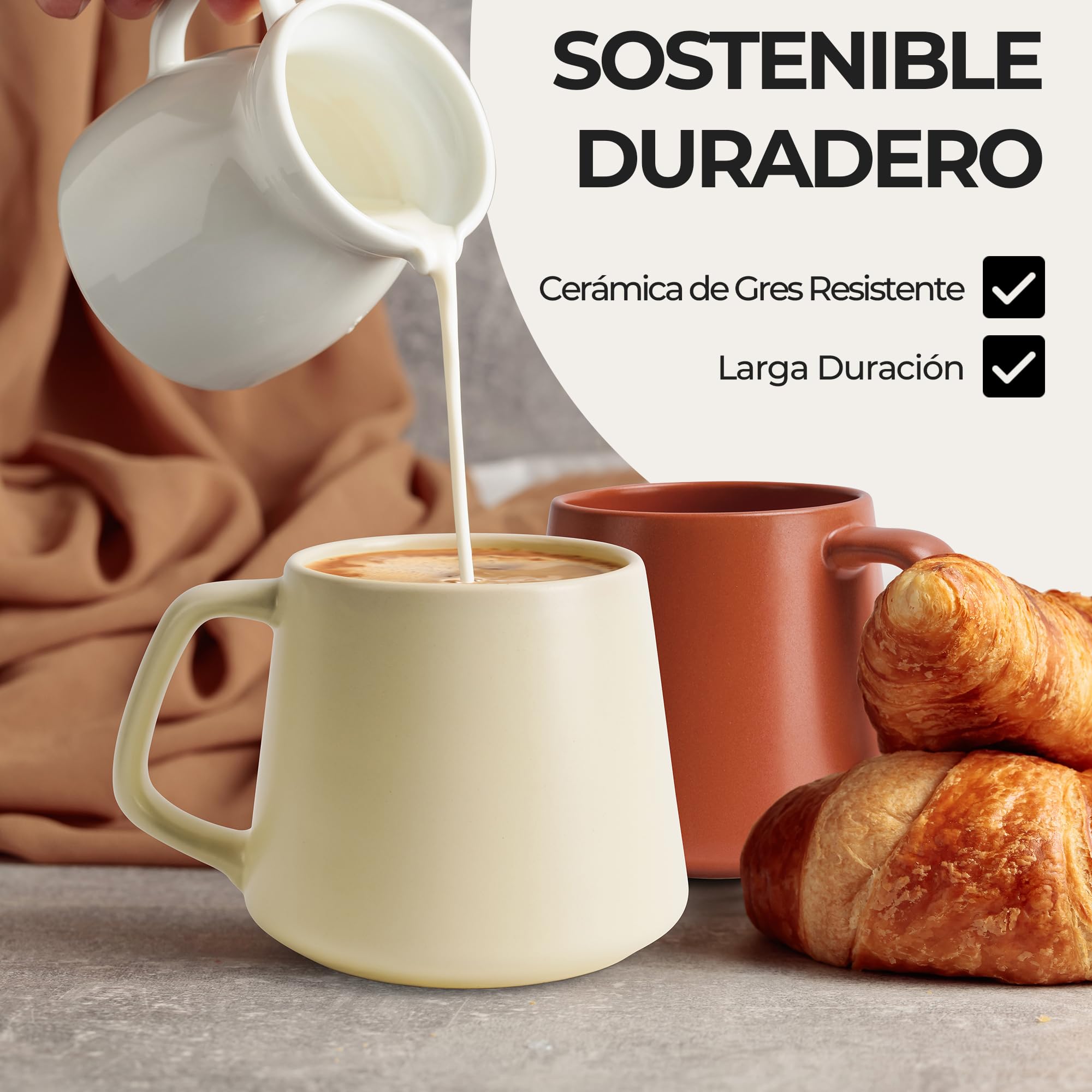 MIAMIO - Tazas Grandes de Café Set de 4, Cerámica (420ml) - Luxe (Beige) | Grandes tazas de café de cerámica para cappuccino, té y espresso, juego de 4, aptas para lavavajillas, ideales a diario