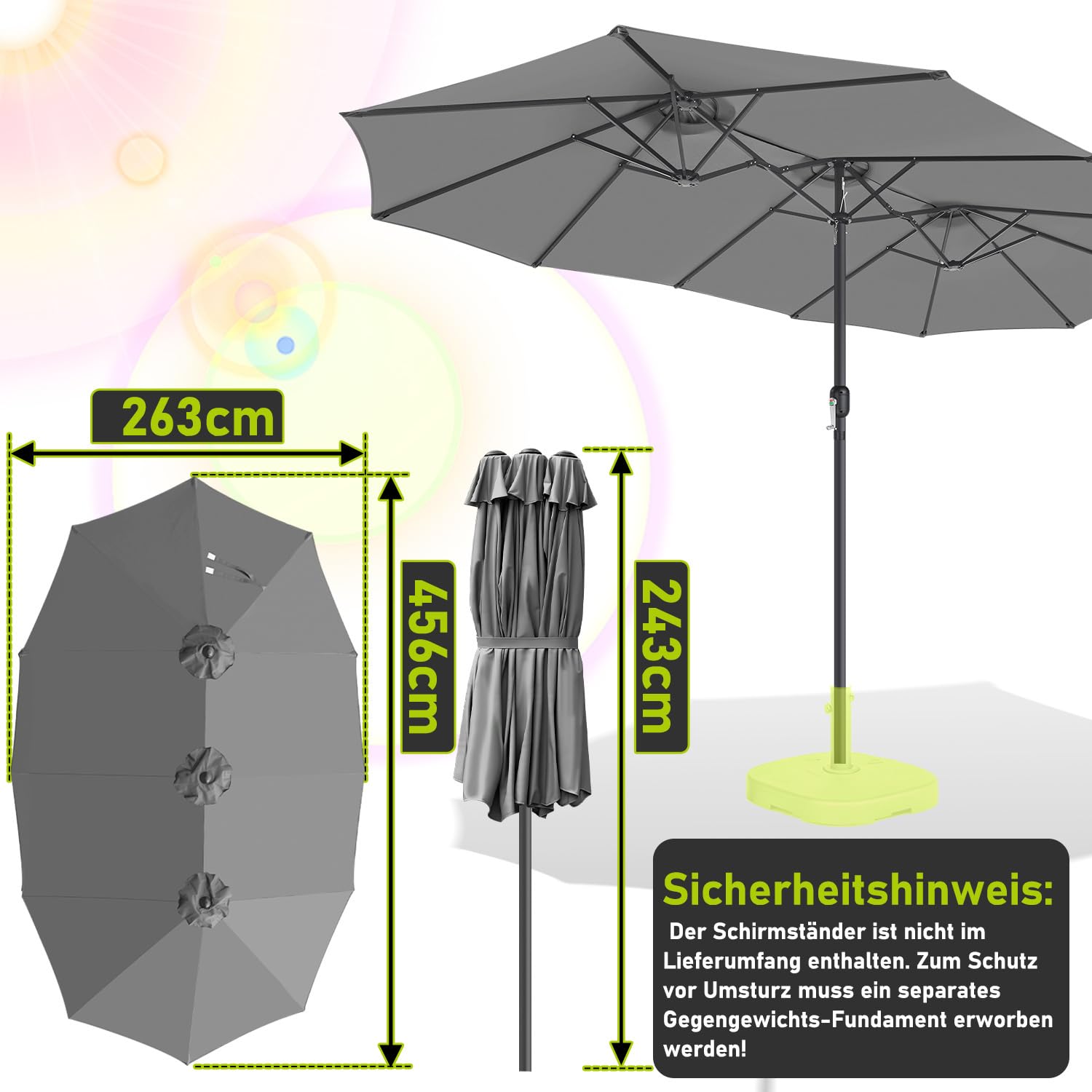 Podwójny parasol przeciwsłoneczny, prostokątny, 464 x 279 cm, z korbą ręczną, duży parasol ogrodowy, na taras, 12 stalowych żeber, ochrona przed promieniowaniem UV 50+, wiatroszczelny, szary