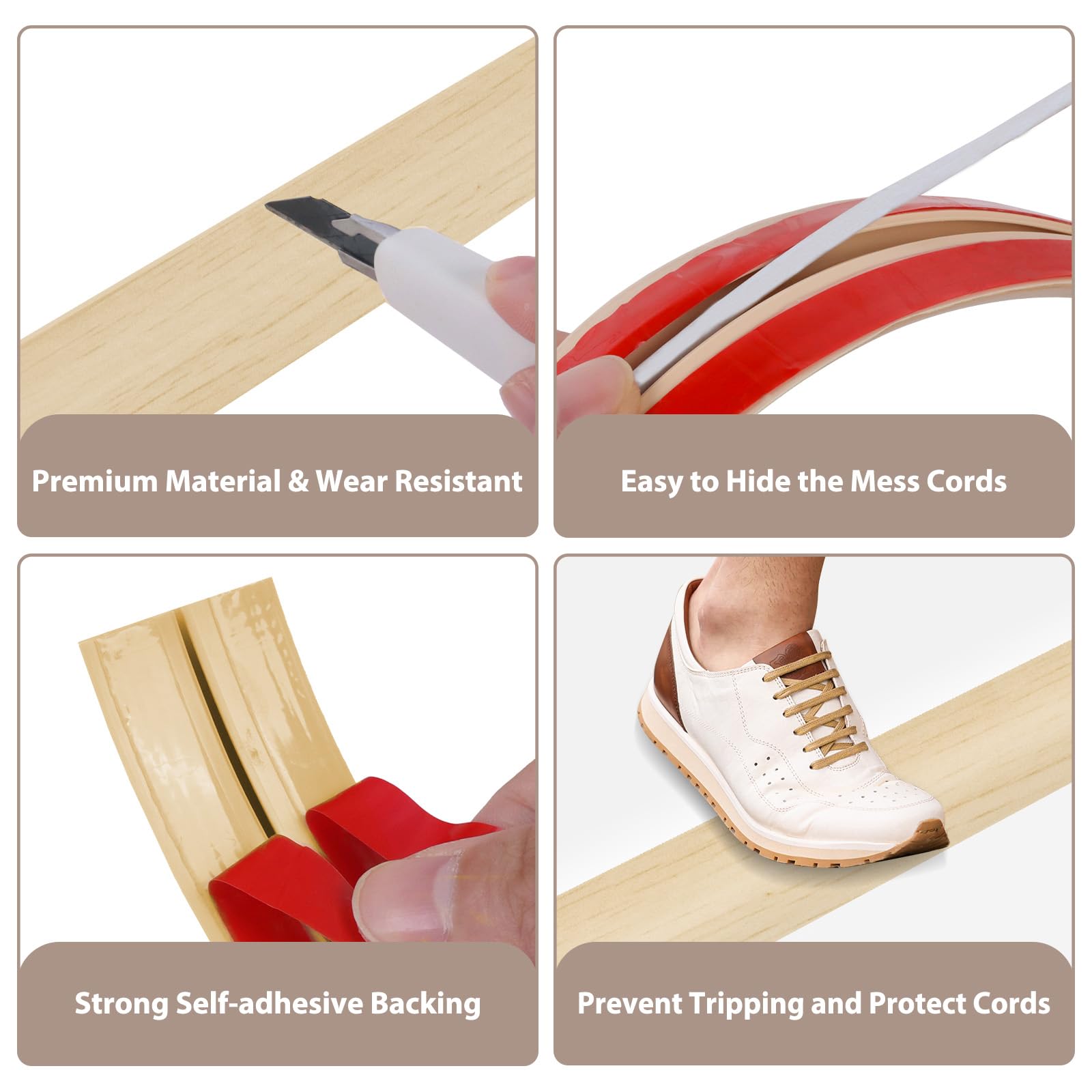 Canaletas para Cables Adhesiva canaleta pasacables para Suelo Cubiertas de Suelo para Cables pasacables de PVC (3m×3cm, Grano de Madera Beige) - 3