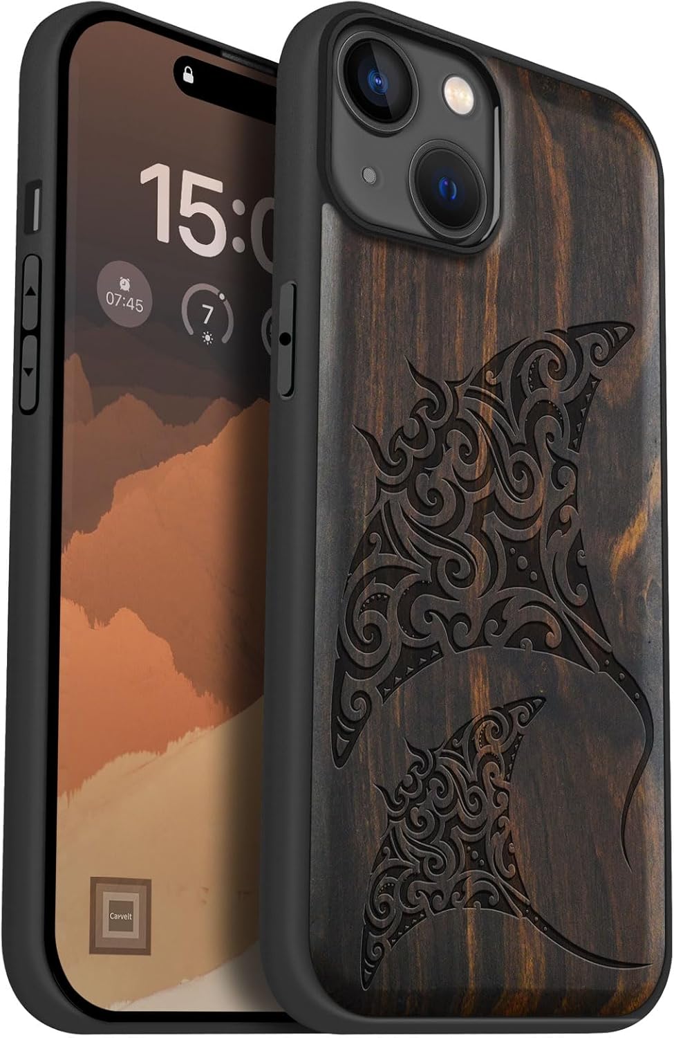 Carveit Magnetic Wooden Case for iPhone 15 Plus Case, Compatible with MagSafe Wireless Chargers, Black Soft TPU Shockproof Cover & Wood Artisan Engraved (Manta Rays) - Blackwood