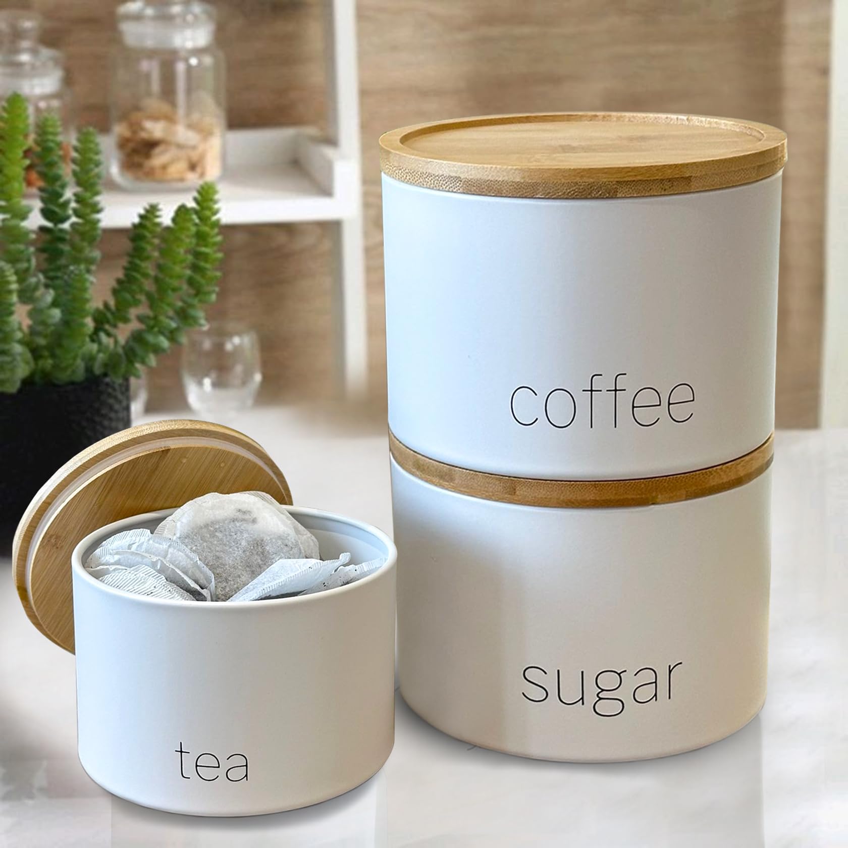 SAFRI 3 Pieces Jar with Wooden Lid Tea Coffee Sugar Canister Storage Container Bowl Pots Kitchen Storage Tins (White) - Image 2
