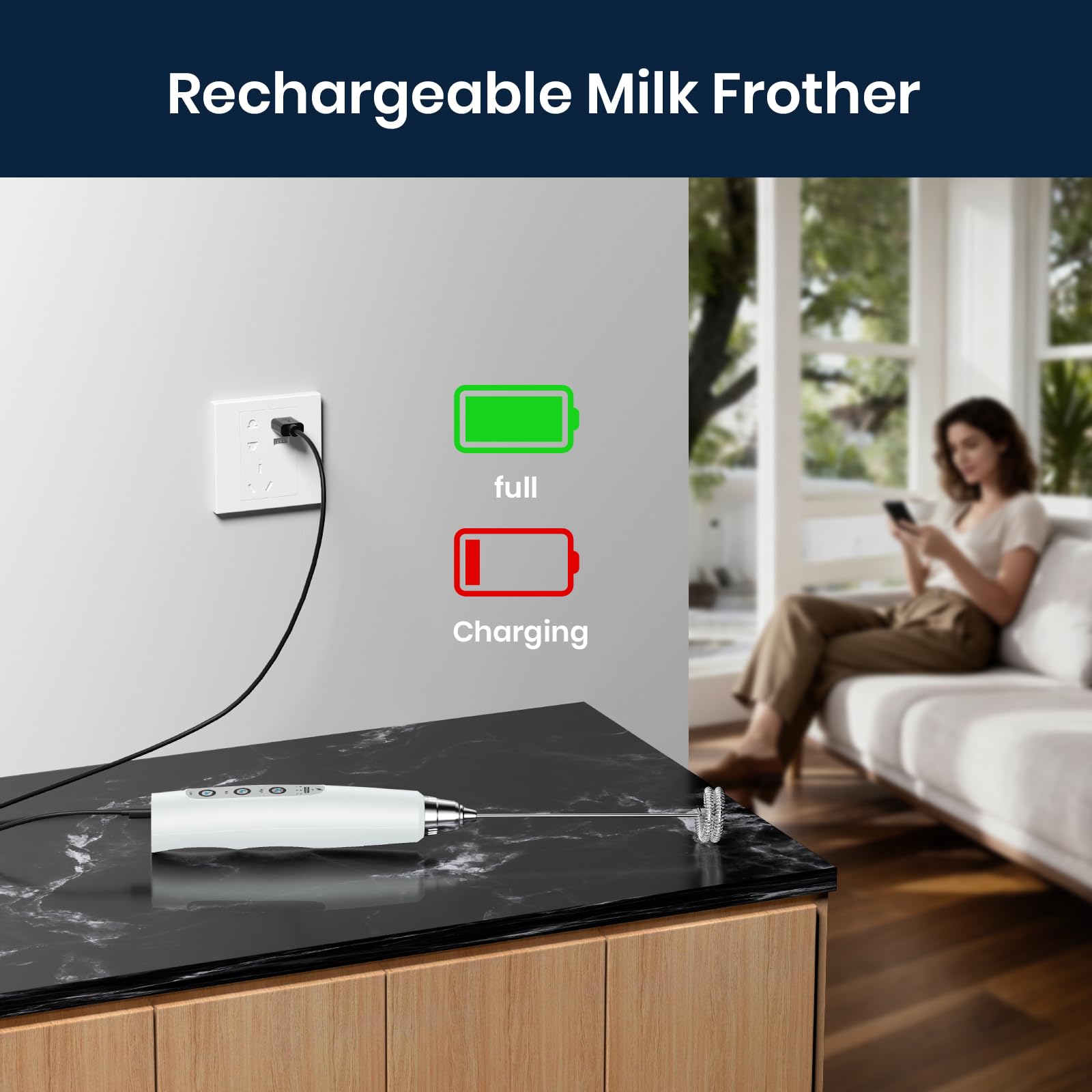 Sakgos Espumador de leche recargable de mano, batidor eléctrico de 3 velocidades ajustable, varita espumadora de café con 3 batidores de acero inoxidable, máquina eléctrica de espuma, batidora