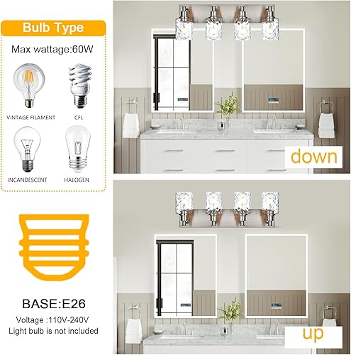 Miniatura 3 de BONLICHT Lámpara de tocador de baño de 4 luces de níquel cepillado industrial con pantalla de vidrio martillado para sala de estar, dormitorio,