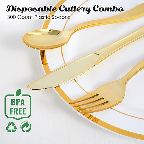 Vista 7 de FOCUSLINE Paquete de 300 cucharas desechables de plástico dorado de 6.8 pulgadas, cucharas de plástico sólido y duradero, cubiertos desechables Oro