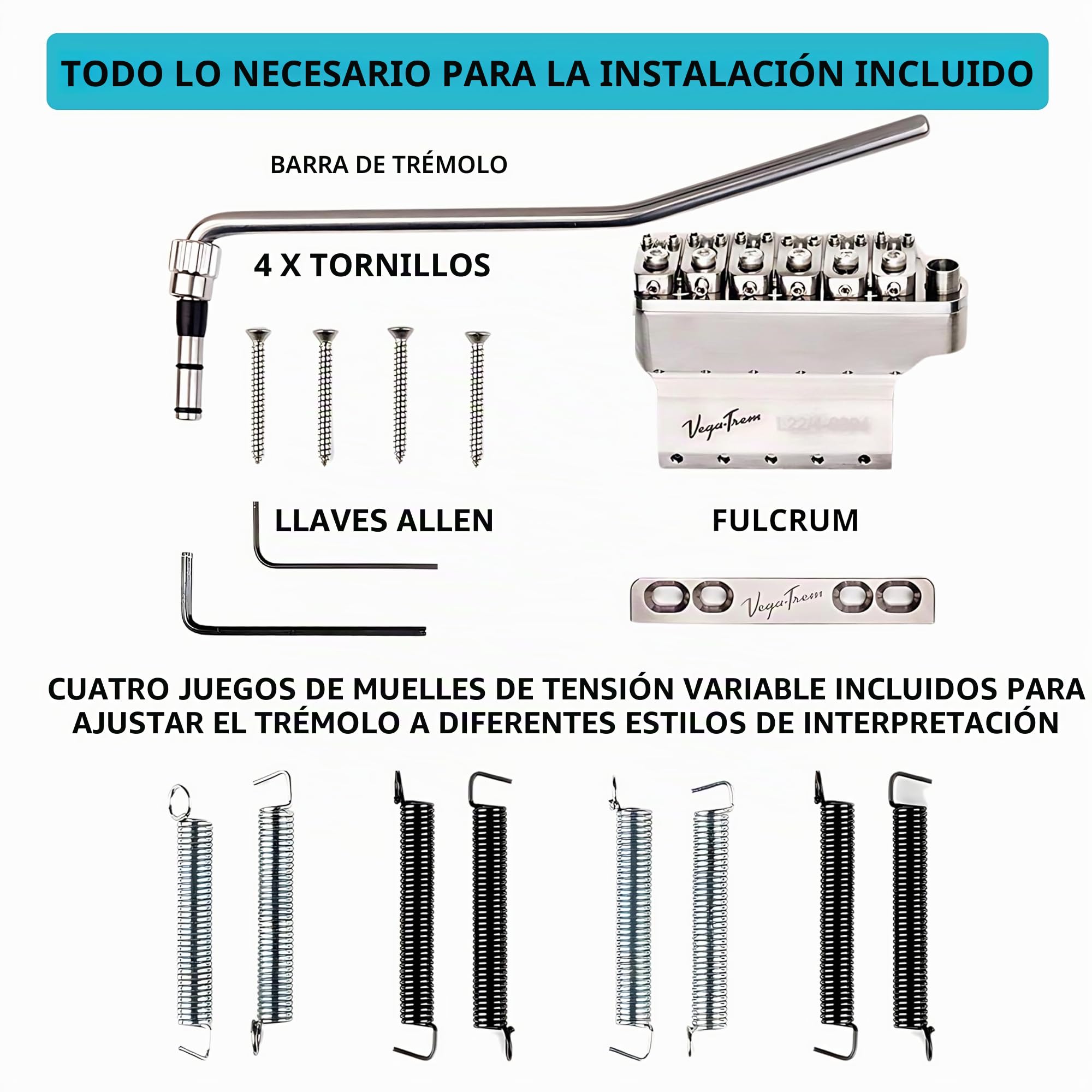 Vega-Trem VT1 Estándar 6 Tornillos Brillante Puente de Trémolo para Guitarra Stratocaster Para Strat Sin Modificaciones Fácil Instalación