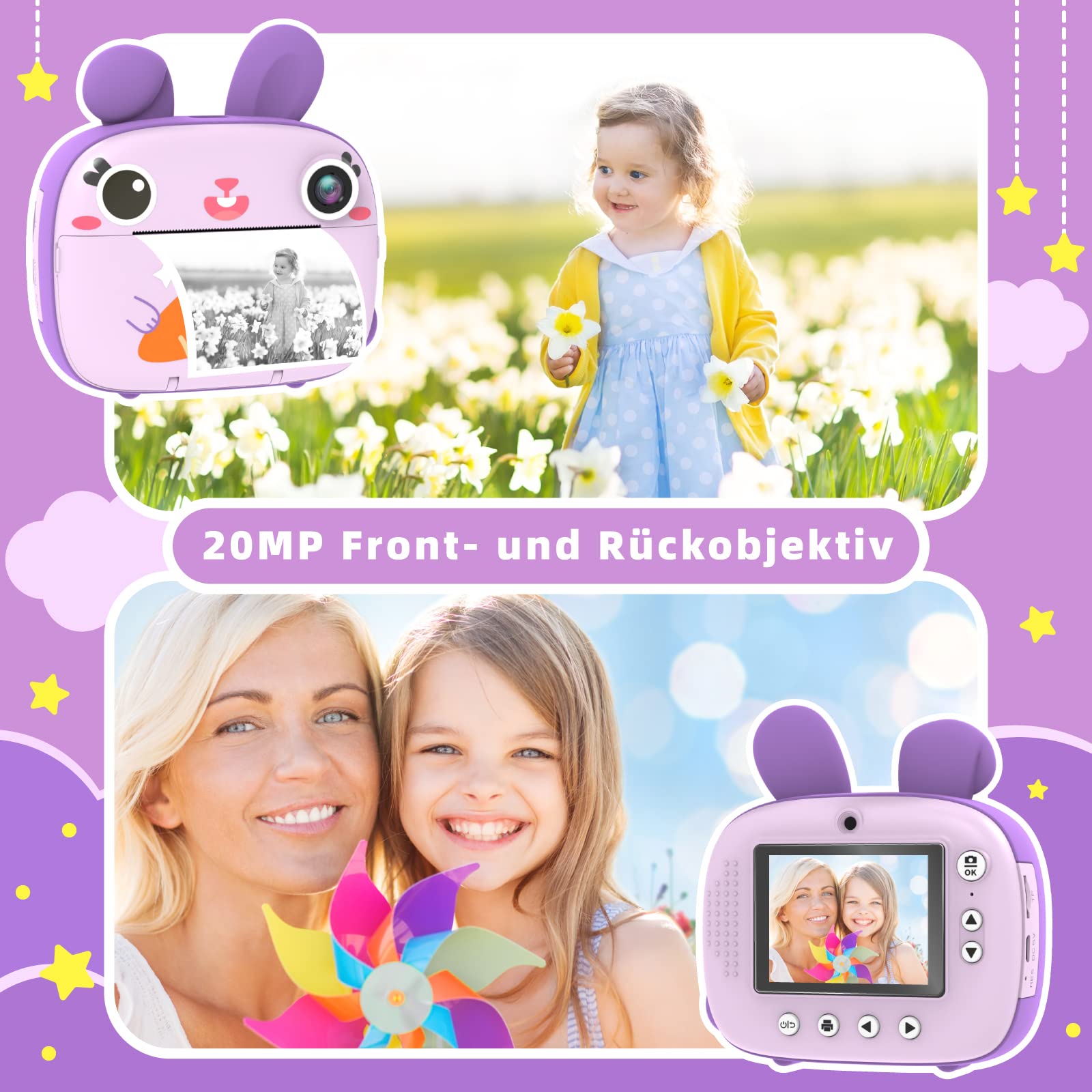 Kinderkamera Sofortbildkamera, CAMCLID Kamera Kinder mit 3 Rollen Thermopapier & 32GB Karte,DigitalKamera & VideoKamera mit 2,4" Bildschirm,Fotokamera Sofortbilder Geschenk für Mädchen Jungen (Lila)