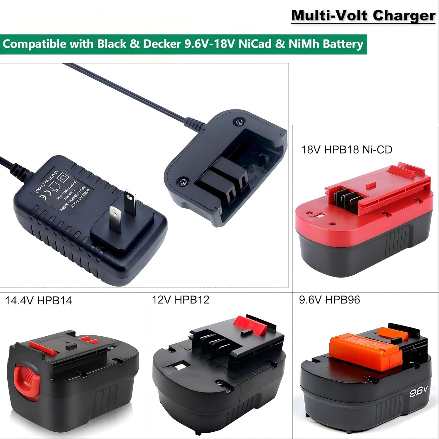 Biswaye 9.6V-18V Multi Volt Battery Charger Compatible with Black & Decker 18V 14.4V 12V 9.6V NiCD NiMH Battery HPB18-OPE HPB18 HPB14 HPB12 HPB96 244760-00 A1718 FS18FL FSB18