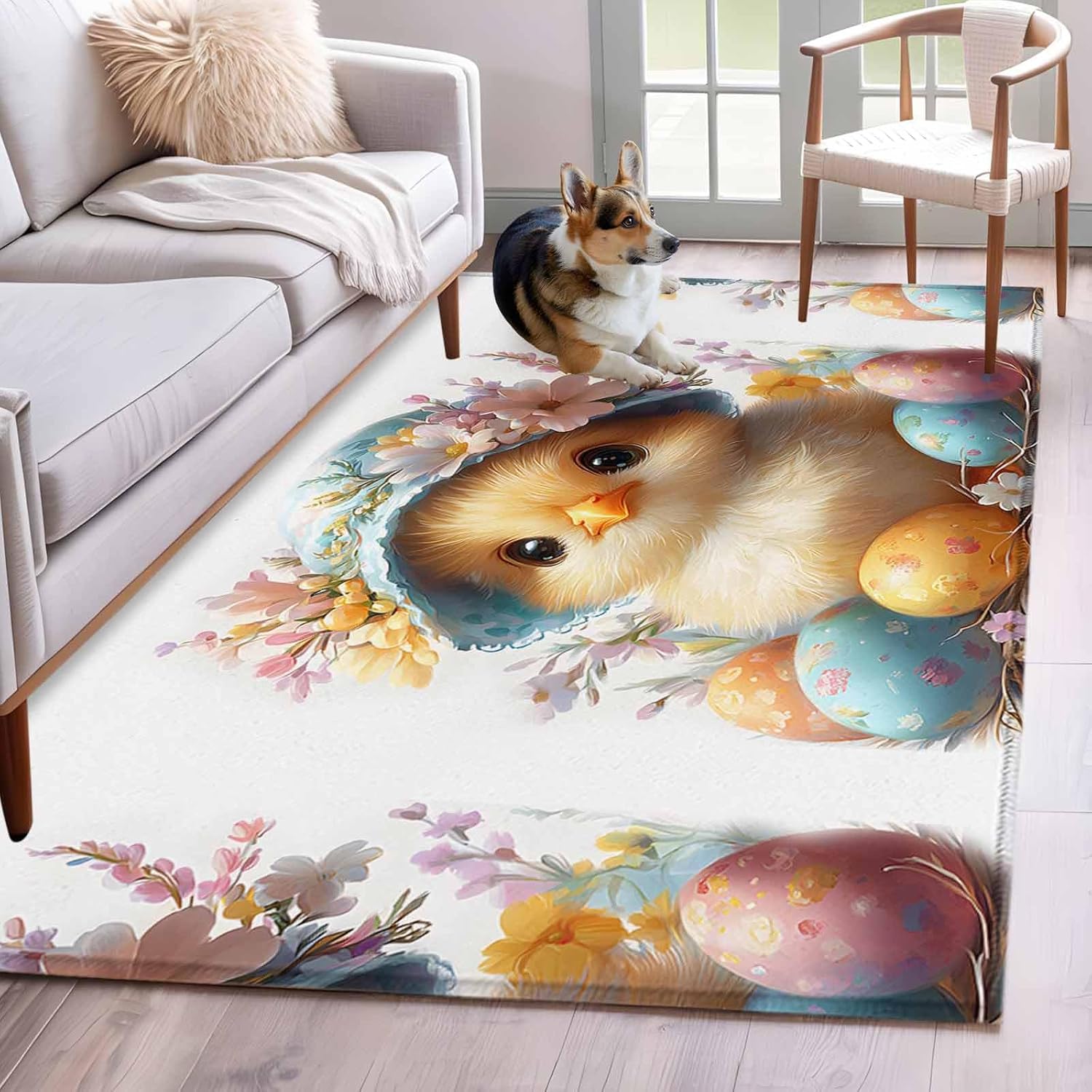 Rectangle Area Rug 3x5ft, Watercolor Chicken Easter Egg Flower Non-Slip Non-Shedding Floor Mat, Cartoon Spring Washable Sturdy Carpet for Living Room Bedroom Home Decor