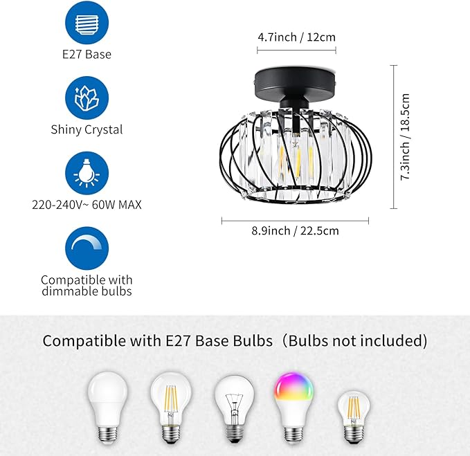 ANWIO ANWIO Plafondlamp, zwart, van industrieel kristal, E27, kroonluchter, hanglamp, design, metaal, Ø 225 mm, moderne plafondverlichting voor hal, woonkamer, eetkamer, keuken photo 2