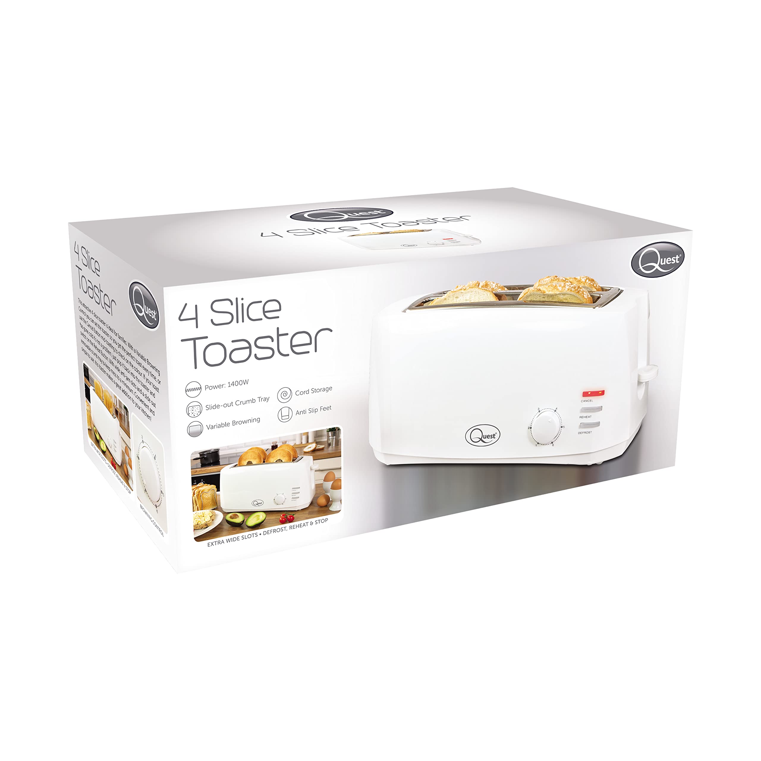 Quest 35049 Extra Wide 4 Slice Long Slot Toaster / Variable Browning