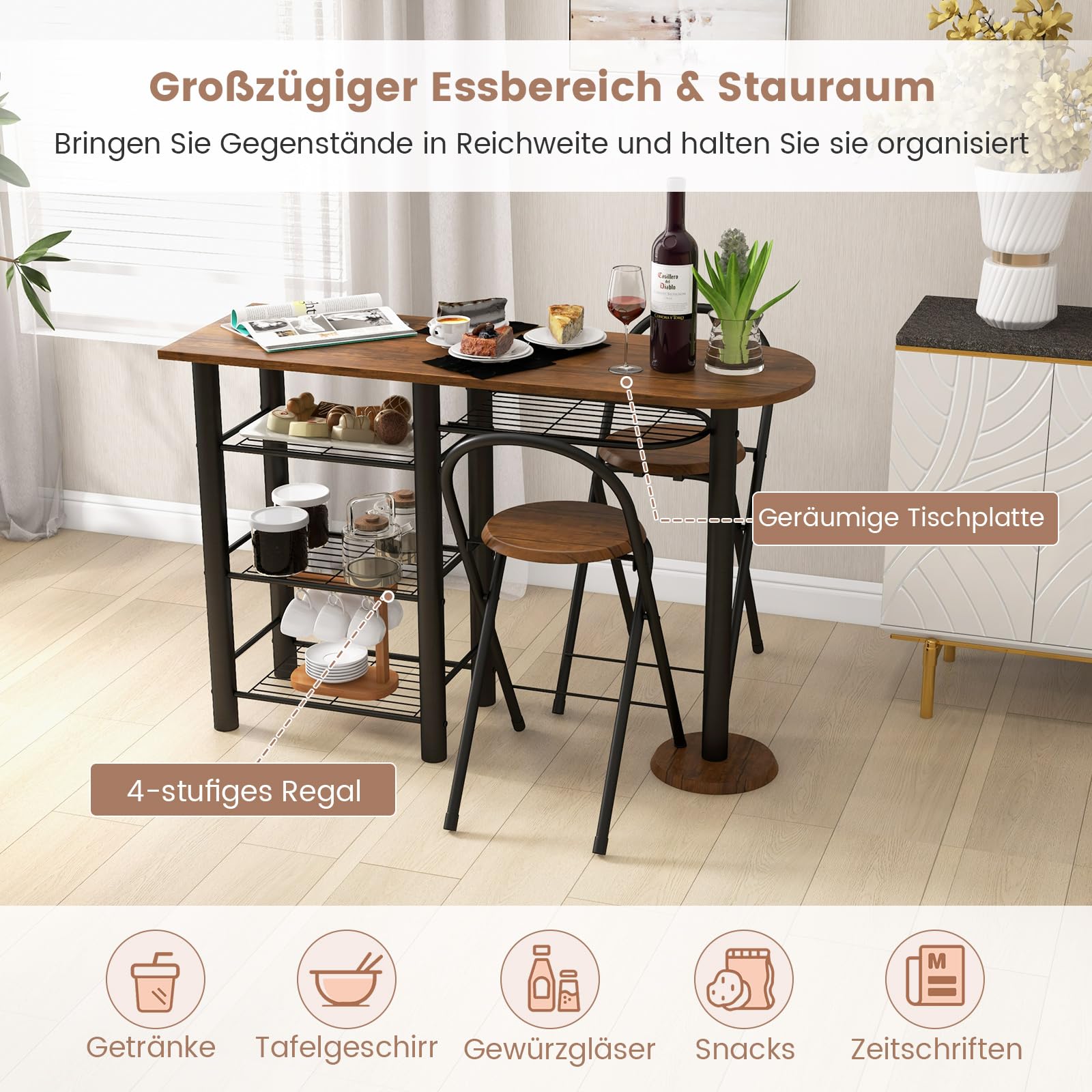 COSTWAY Stół barowy z 2 stołkami barowymi, 2 osoby, blat kuchenny z półkami, zestaw mebli kuchennych ze składanymi krzesłami, stół barowy do salonu, jadalni, kuchni (brązowy)