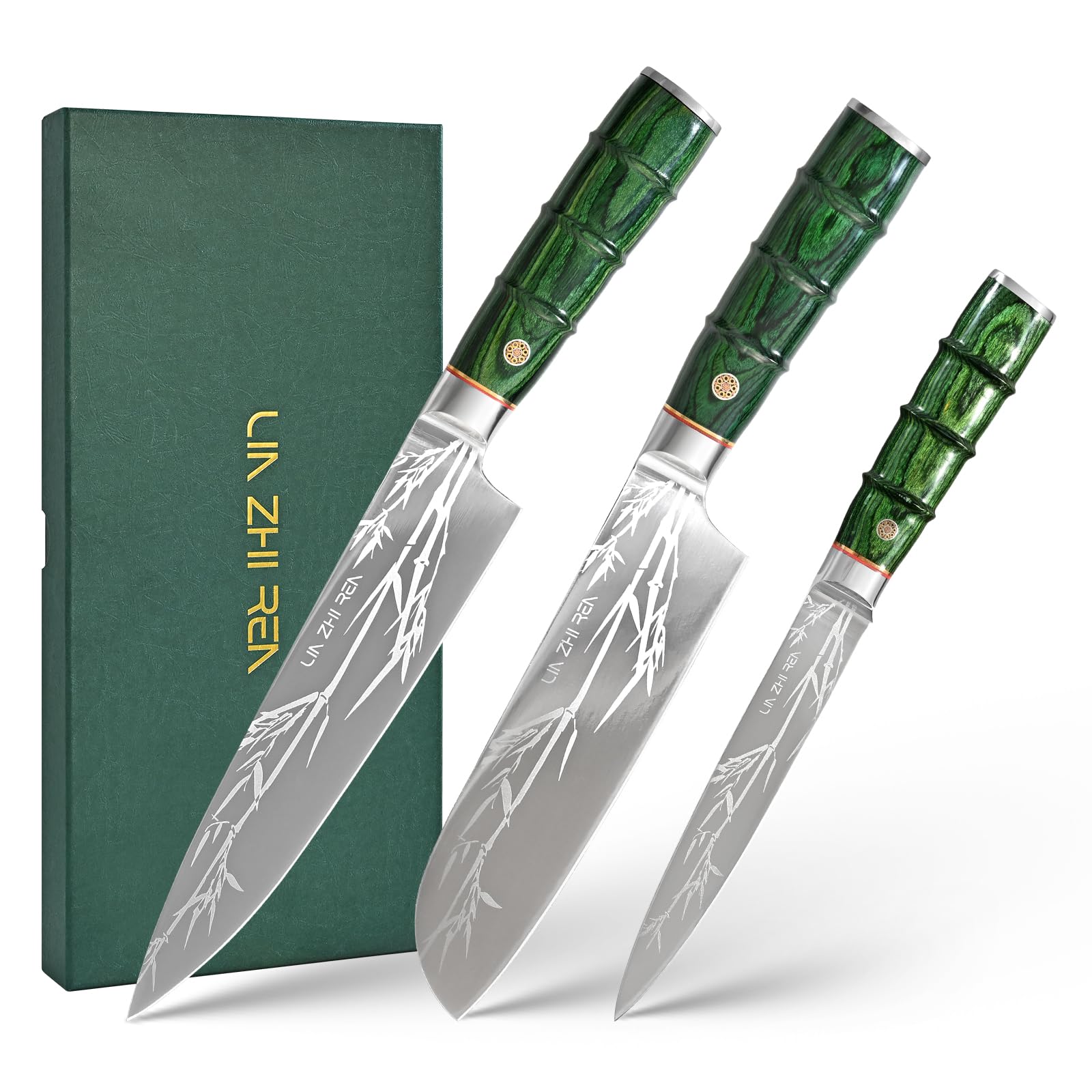 LIN ZHI REN 3-teiliges Küchenmesserset – Profi Edelstahl Messer Set mit Kochmesser, Universalmesser & Schälmesser, Extrem Scharf, Rutschfester Bambusgriff, Ideal zum Schneiden & Kochen