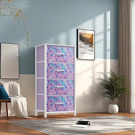 GOOBED Dresser with 4 Drawers - Storage Tower Unit, Dresser for Room, Living Room, Closets - Sturdy Steel Frame, Wooden Top & Easy Pull Fabric Bins, Tie-dye Purple