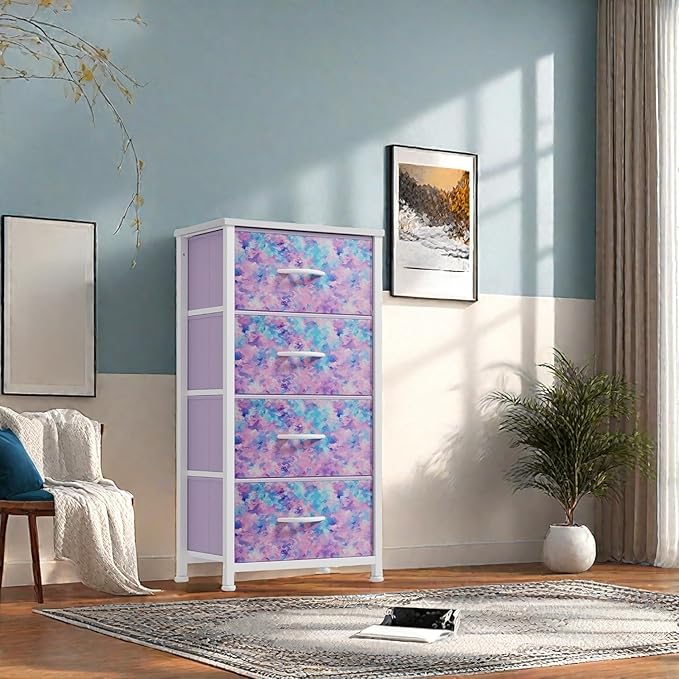 GOOBED Dresser with 4 Drawers - Storage Tower Unit, Dresser for Room, Living Room, Closets - Sturdy Steel Frame, Wooden Top & Easy Pull Fabric Bins, Tie-dye Purple