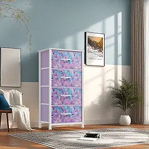 GOOBED Dresser with 4 Drawers - Storage Tower Unit, Dresser for Room, Living Room, Closets - Sturdy Steel Frame, Wooden Top & Easy Pull Fabric Bins, Tie-dye Purple