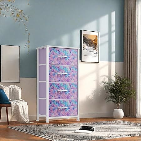 GOOBED Dresser with 4 Drawers - Storage Tower Unit, Dresser for Room, Living Room, Closets - Sturdy Steel Frame, Wooden Top & Easy Pull Fabric Bins, Tie-dye Purple