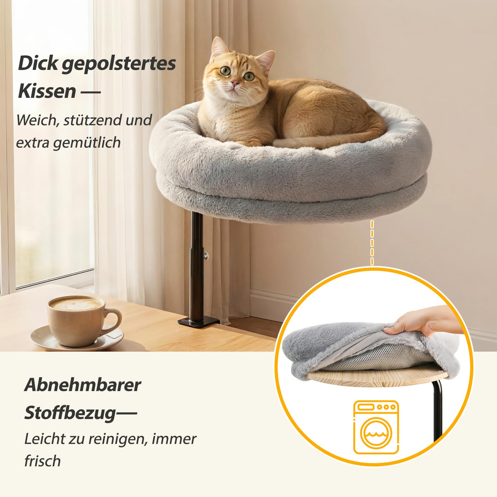 GUUSII HOME Katzenbett Schreibtisch 360° Drehbar & Höhenverstellbar Katzenliege Liegeplatz Katzen Bett Hängematte Tisch Für Homeoffice 43cm Durchmesser Bis 18kg Einfache Montage Waschmaschine（Grau）