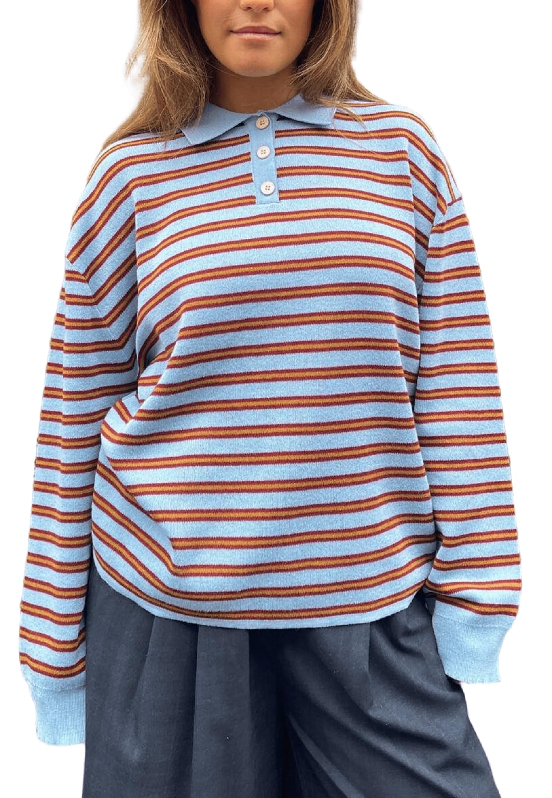 Women Y2k Rugby Polo Shirt Striped Knit Sweater Long Sleeve Collared V Neck Sweatshirt Oversized Pullover Tops