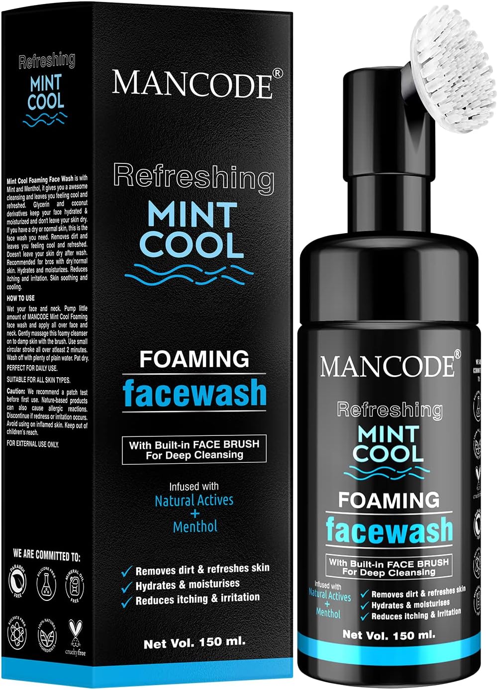 Mancode Refreshing Mint Cool Face Wash with Built in Brush Face Wash For Men Removes Dirt, Refreshes Skin, Reduces Itching & Irritation No Paraben Sulphate or Silicone 150 ml Face Wash for Men.