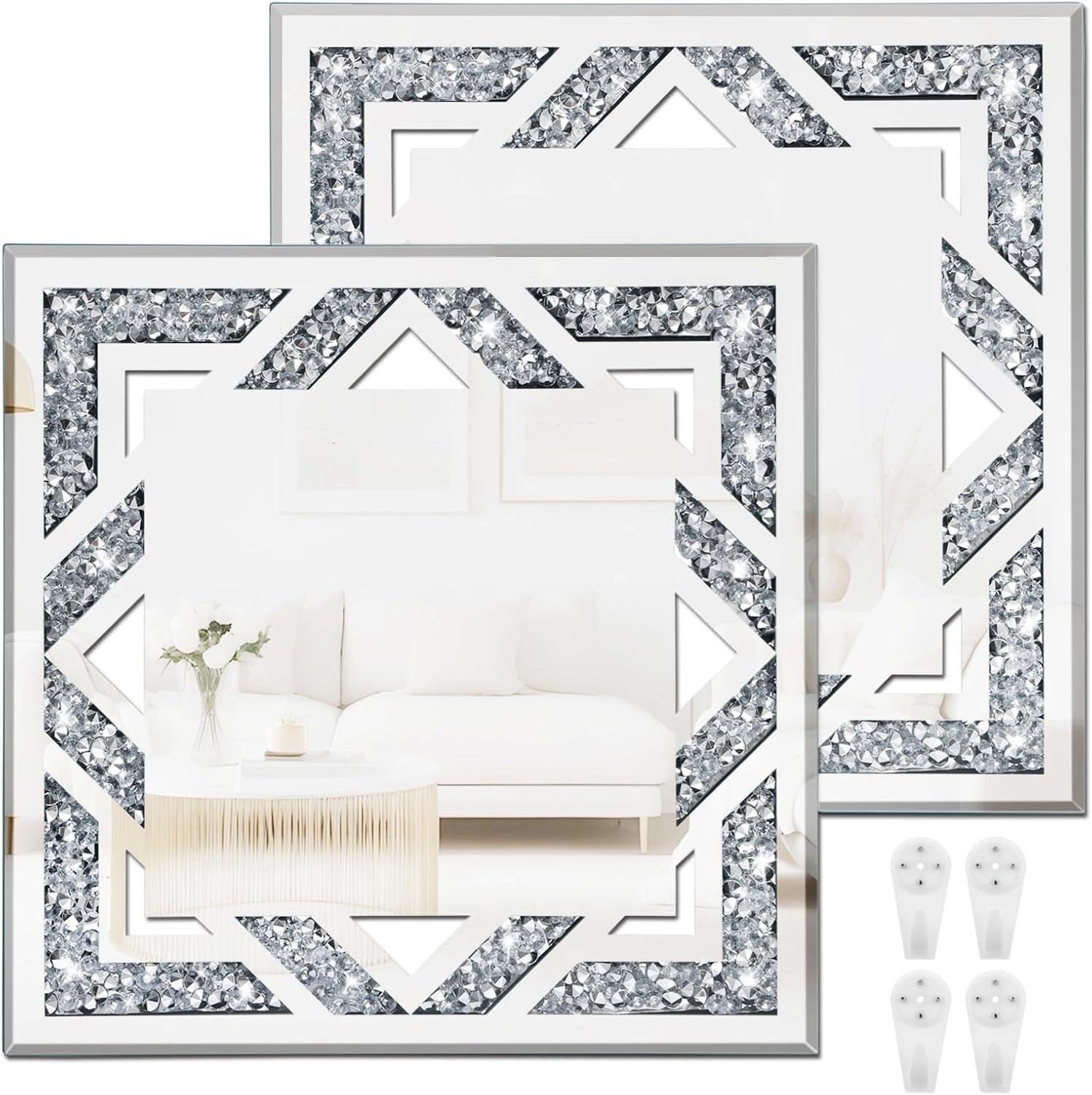 2 Piece Rectangular Hollow Crushed Diamond Decorative Mirror, Silver Crushed Diamond Mirror Decor Wall for Living Room Bedroom Bathroom (11”x15”)