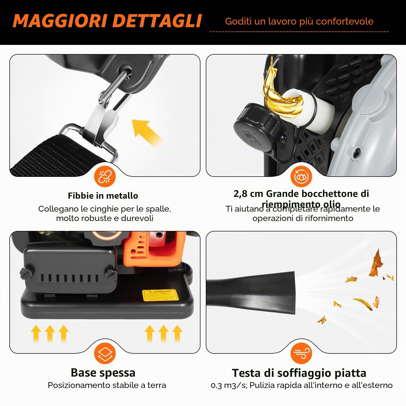 Soffiatore a scoppio 63 cc, 2 tempi, 2.7kw Backpack Leaf, Soffiatore per Foglie a Benzina, Soffione Foglie Professionale, per la Schiena, 3,6 ps