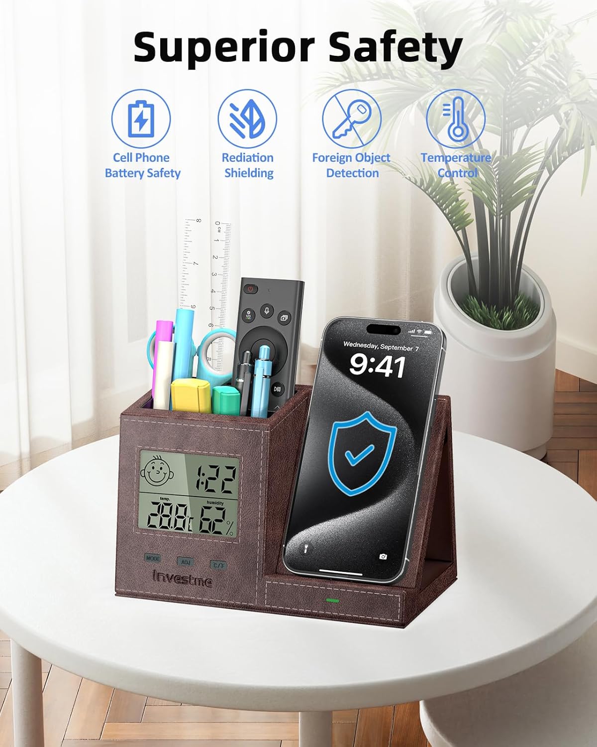 Pen Holder for Desk, Desk Organizer with Wireless Charger, Built in Digital Indoor Thermometer and Humidity Monitor, Multi-Functional Pencil Organizer for Home Office Supplies, Brown