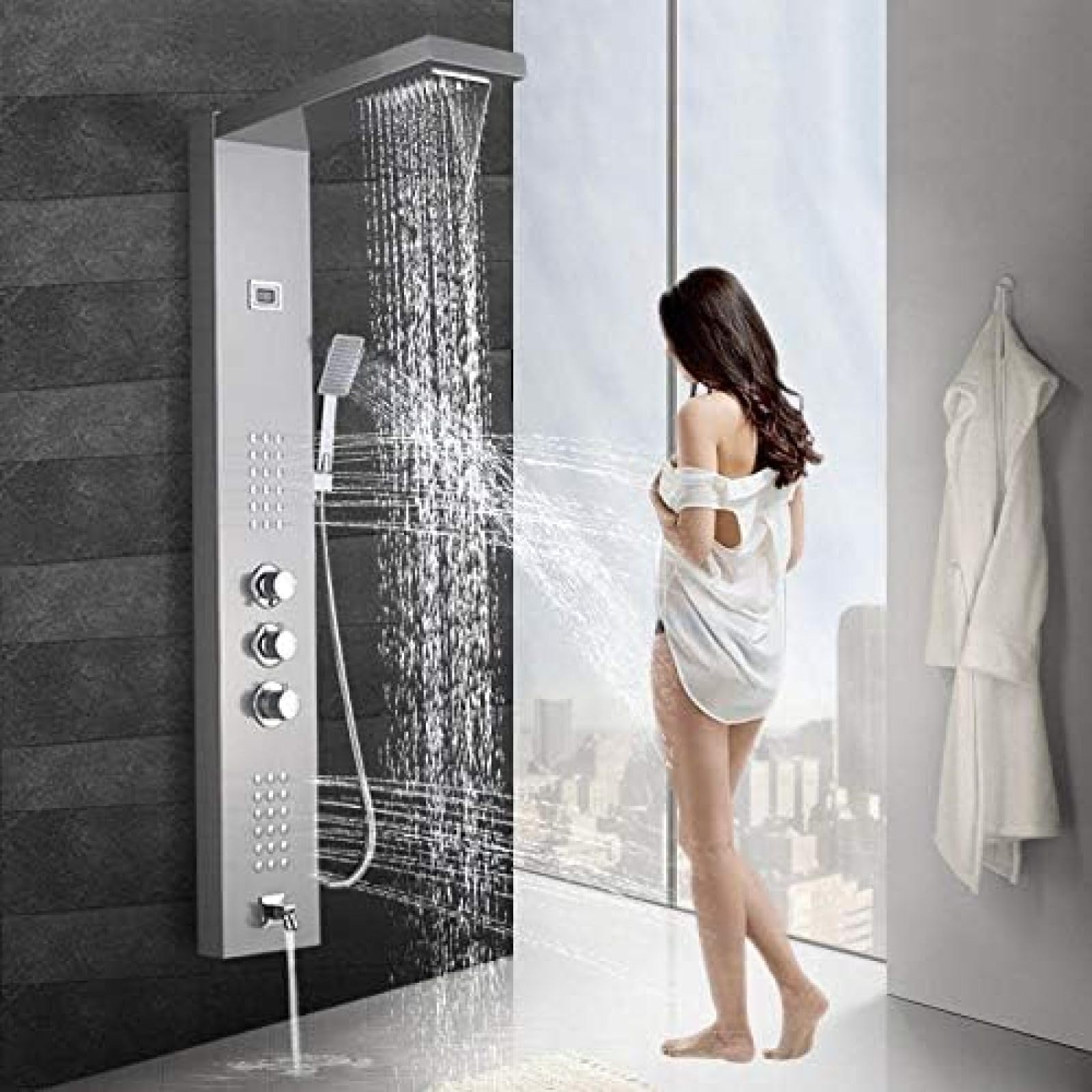 Pannello Doccia a Cascata con getti massaggianti, Colonna Doccia, Miscelatore termostatico, Rubinetto Doccia a Torre, beccuccio per Vasca da Bagno - Bronzo Nero, Nichel s
