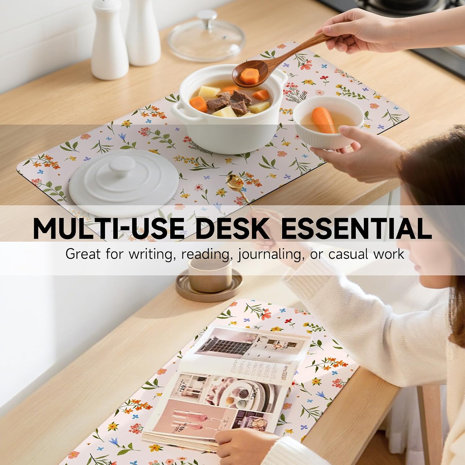 Botanical Floral Desk Pad Blotter,Large Mouse Pad 35 x 17in,PU Leather Desk Mat Writing Pad Protector, Non-Slip Waterprrof,Desktop Decor for Home Office & Gamers Women Girls (Colorful Floral) image 4