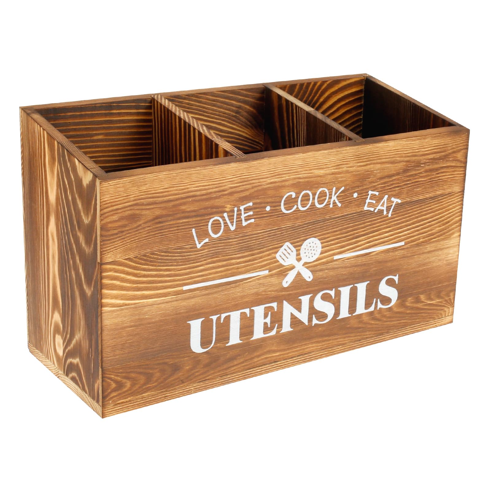 YUEKUNTJ Wooden Kitchen Utensil Holder, Cutlery Holder with 3 Compartment, Utensil Organizer Cooking Tools Storage, Large Kitchen Utensils Caddy Organizer, Silverware Stand for Countertop (Brown)