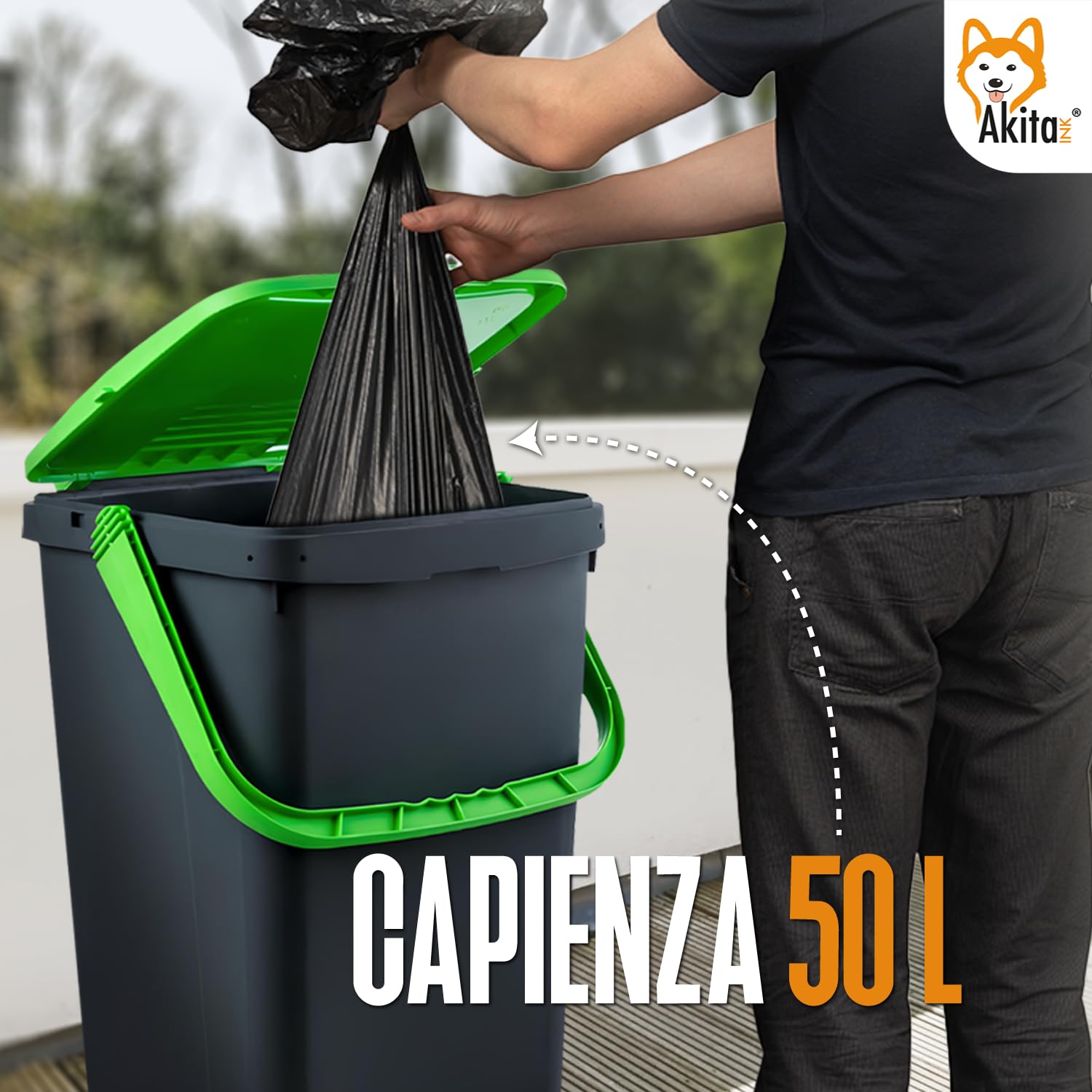 AKITAInk Set 3 Pattumiere AKIPATFOLK da 50L Cad. Totale 150L - Bidoni Differenziata in Plastica Riciclata, Made in Italy, con Manico Antirandagismo e Doppia Apertura per Interni ed Esterni