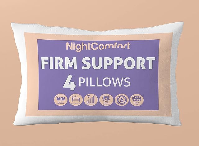 Night Comfort Super Firm Supportive Pillow for Side Sleepers, Pack of 4 - Hypoallergenic Microfiber with Hollowfibre Filled Pillows