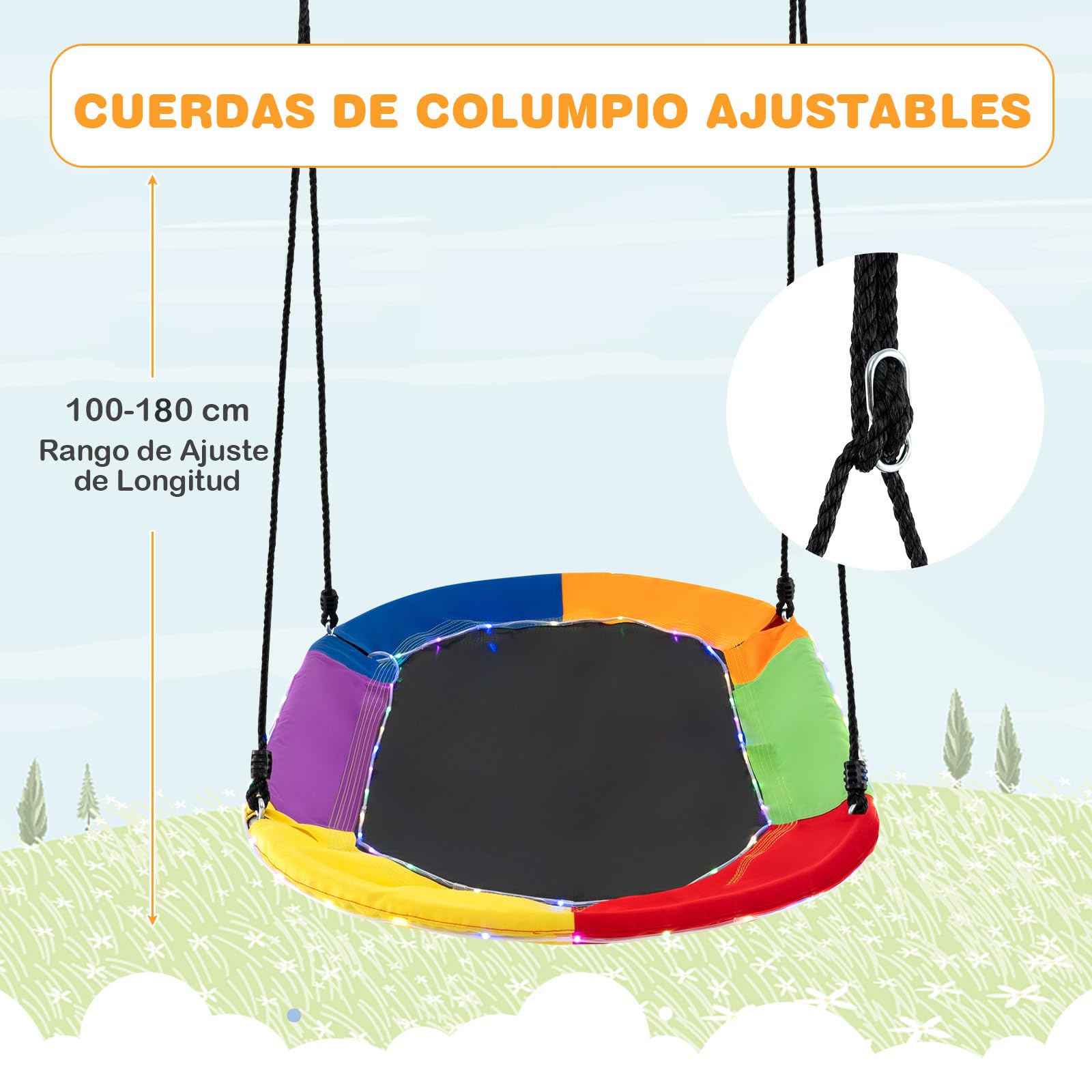 COSTWAY Columpio Nido con Luces LED, 150cm, Cuerdas Ajustables 100-180cm, Estructura de Acero, Columpio Jardin Exterior Niños y Adultos, Carga 150kg, Colorido