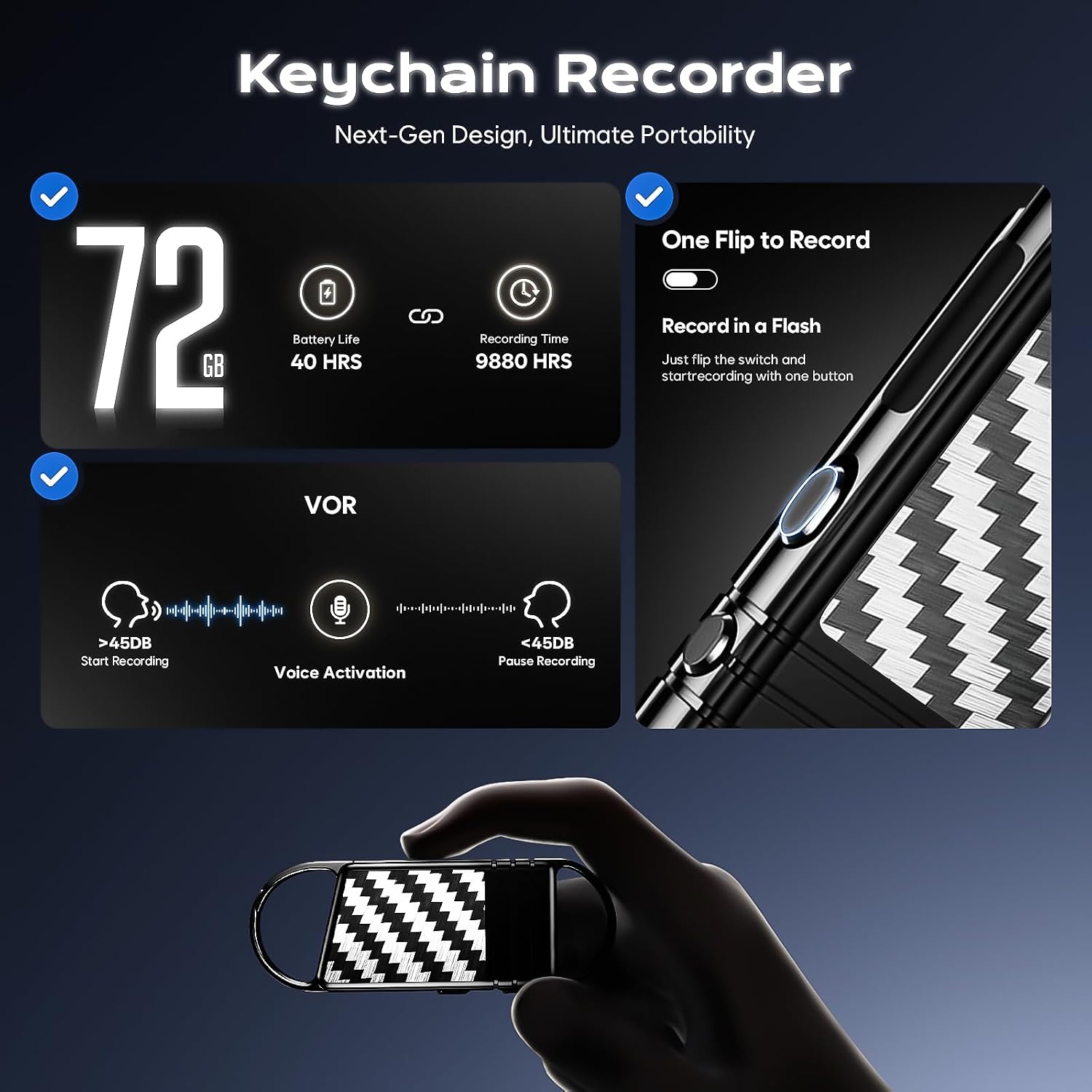 72GB(9880H) AI Noise Reduction Voice Activated Recorder - Pexqil Voice Recorder with OTG Transfer, Portable Auto Save Recording Device, Audio Recorder for Business Lectures Interviews