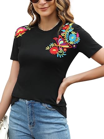 Vackutliv Mexican Shirts for Women Embroidered Tops Traditional Summer Blouse Womens Floral Tunic Round Neck Short Sleeve