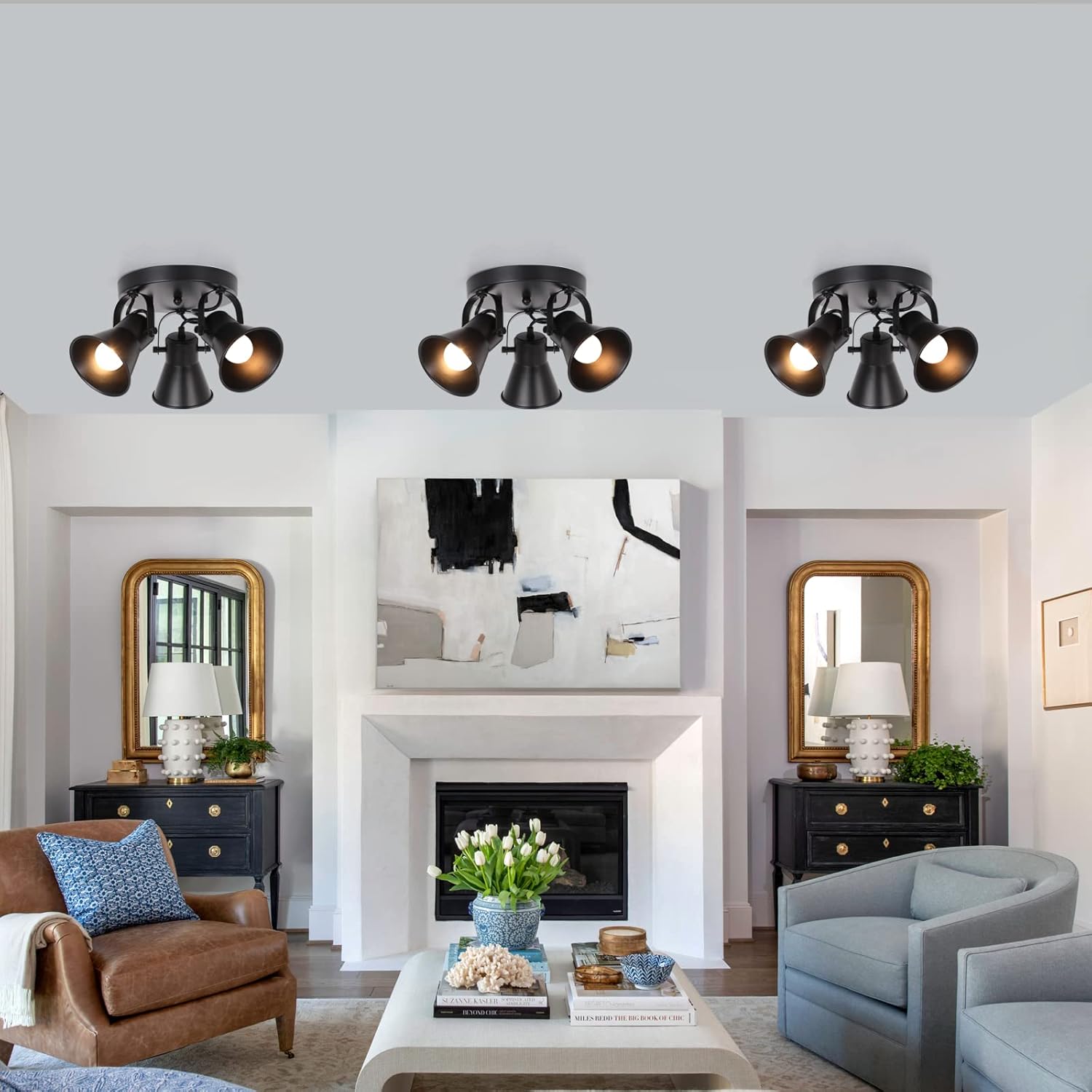 SEEBLEN 3-Light Industrial Track Lighting, Adjustable Round Kitchen Ceiling Light, Morden Black Flush Mount Directional Light for Kitchen, Hallway, Dining Room, Bathroom, Coffee Bar.