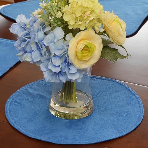 Miniatura 4 de Sweet Pea Linens Juego de dos manteles individuales redondos con cargador jacquard de hoja azul mediana