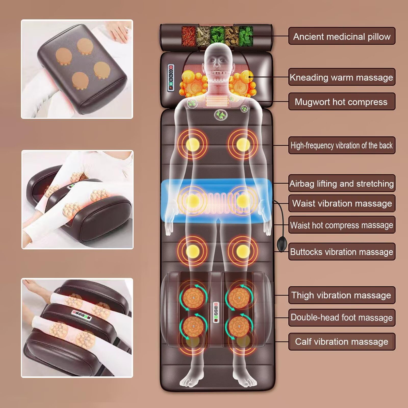 Esterilla de masaje de cuerpo completo con almohadillas térmicas ajustables, almohadilla masajeadora de espalda para relajación de los músculos del cuello y la espalda, diseño portátil y plegable