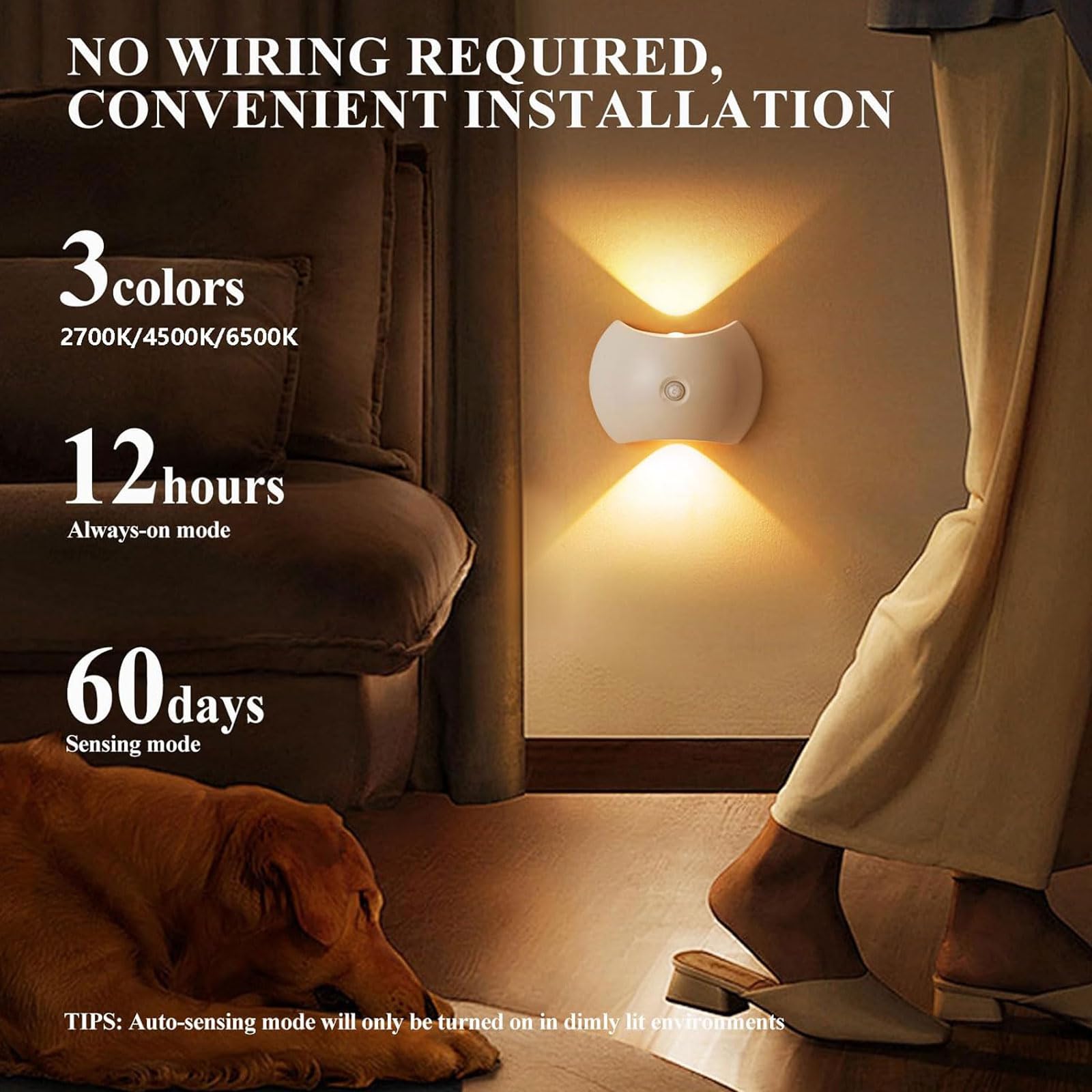 Luz Del Sensor De Movimiento Con Batería Recargable, 1200 Mah Mordern Control Táctil Atenuable 3 Niveles De Brillo De Pared, Para Sala De Estar Dormitorios Pasillos