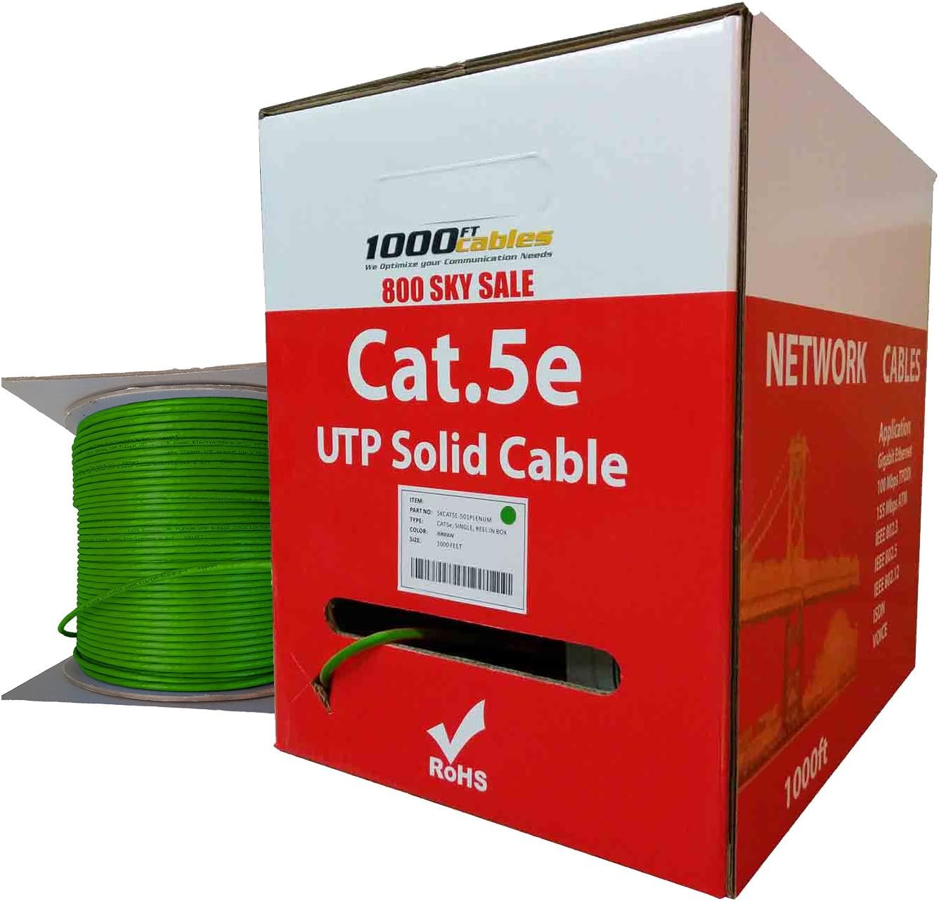 CAT5e Plenum 1000FT Bulk 350MHz Networking Ethernet CMP Cable (Green)