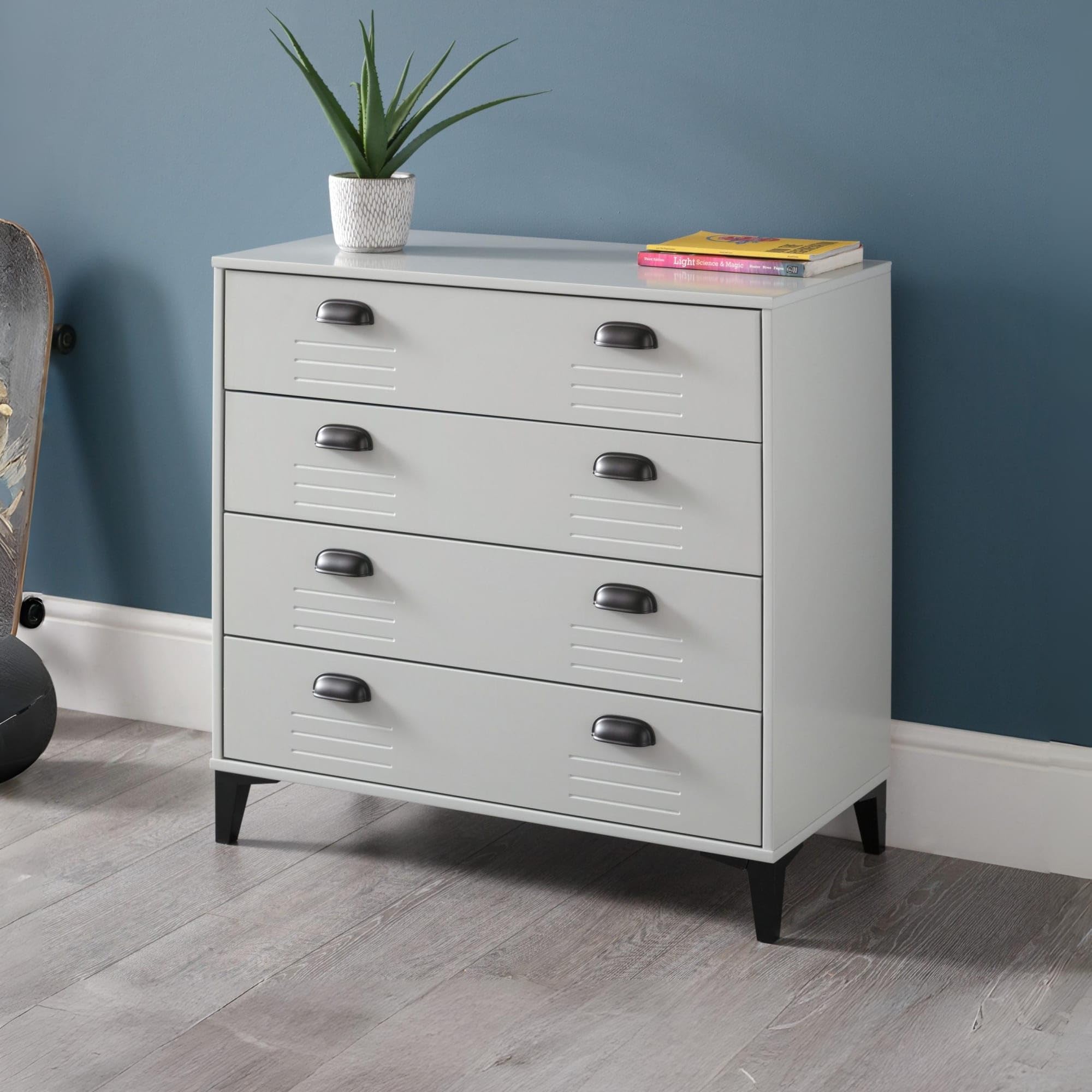 Julian Bowen Lakers 4 Drawer Locker Effect Chest of Drawers - Grey Pine/Metal
