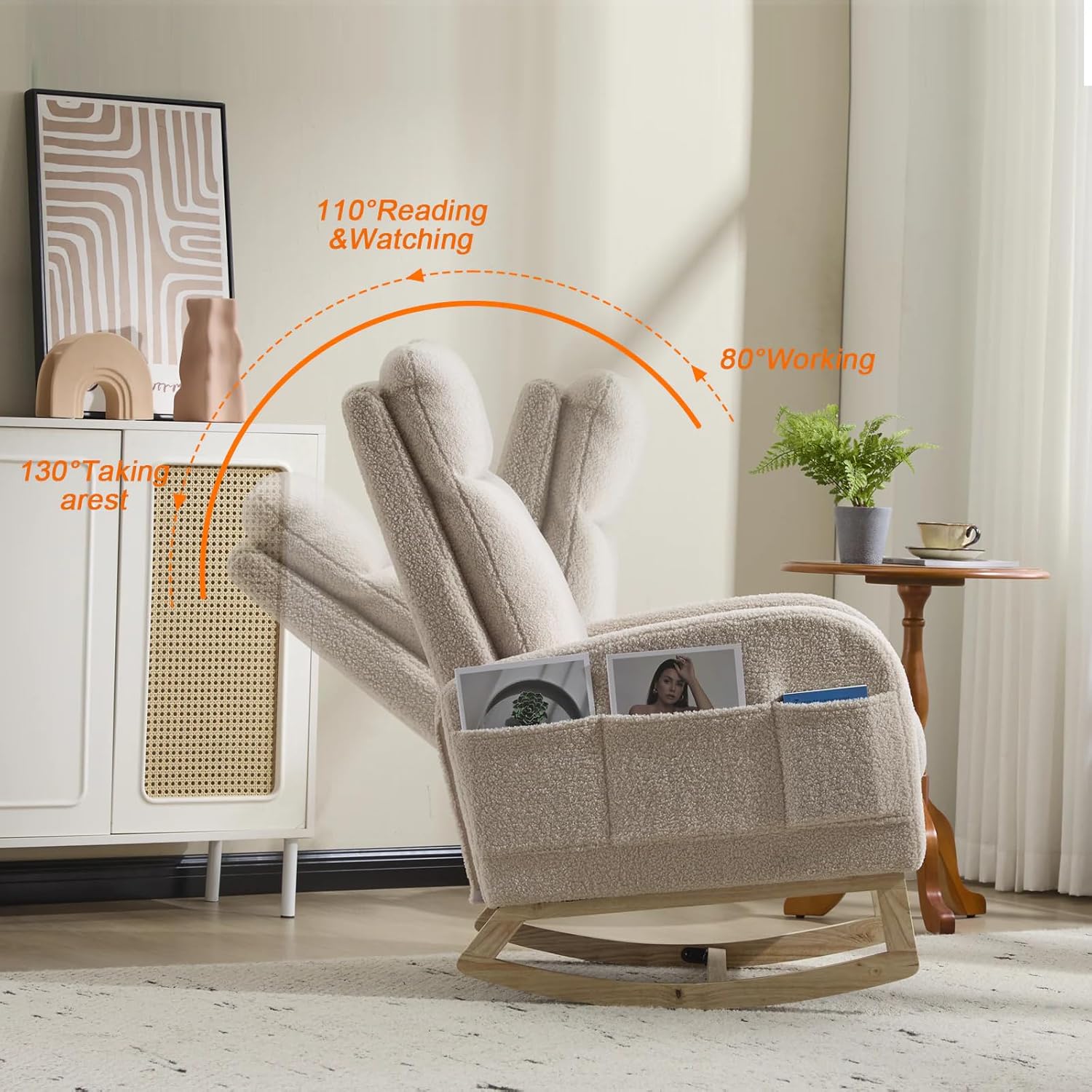 Modern Accent Rocking Chair Rocking Chair with Solid Wood Legs, Upholstered Nursery Glider Rocker, Comfy Armchair with Side Pocket, Living Room Lounge Arm Chair with High Backrest