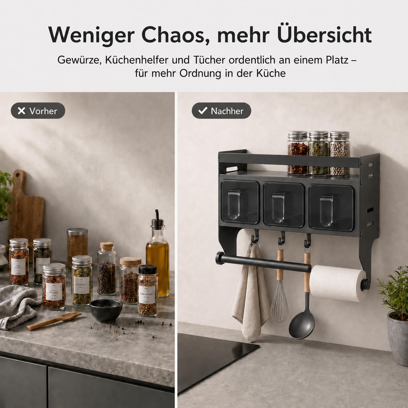 Küchenregal Wand, Gewürzregal Hängend, Gewürzregal Mit Küchenrollenhalter Gewürzständer Wand Aus Metall Gewürz Organizer Regal Für Küchen Arbeitsplatte Schrank (mit 3 Gewürzbox)