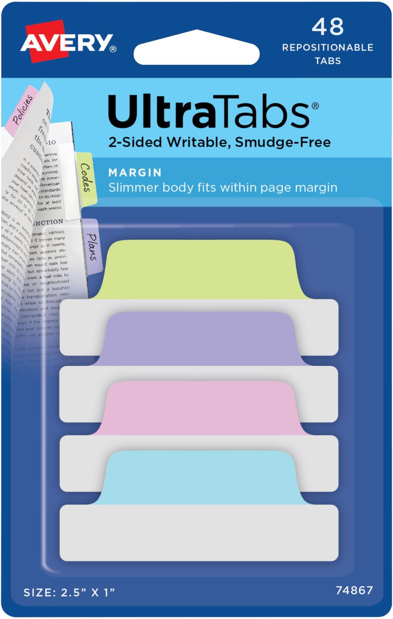Margin Ultra Tabs, 2.5" x 1", 2-Side Writable, Assorted Pastel Colors, 48 Repositionable Tabs (74867)