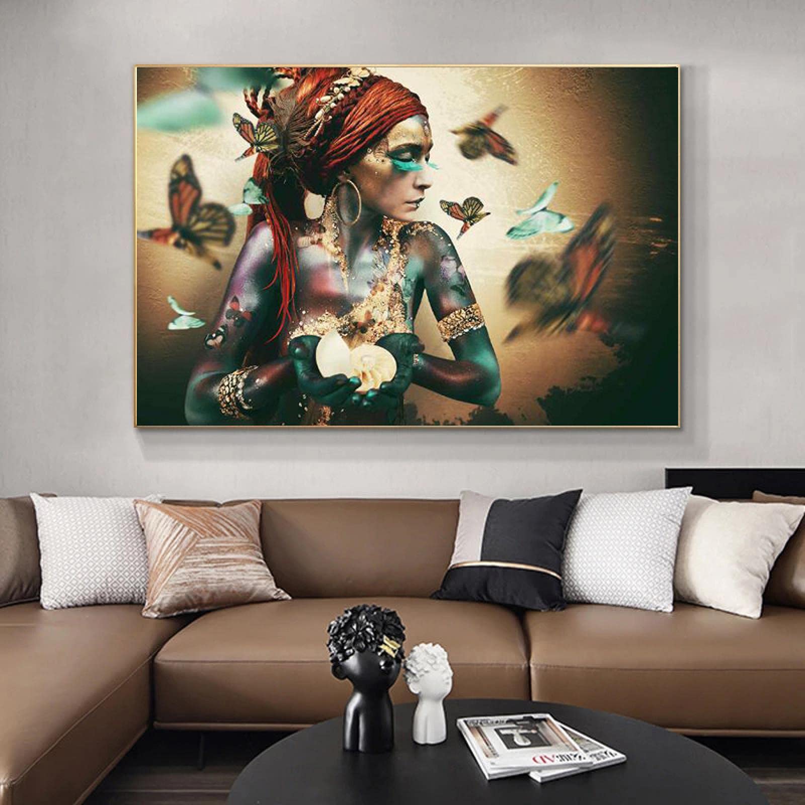 Yooyu Chica colorida Pintura en lienzo Mujer africana con cartel de mariposa e impresión de imágenes de arte de pared para la decoración de la pared de la sala de estar 60x95cm (24x37in) con marco